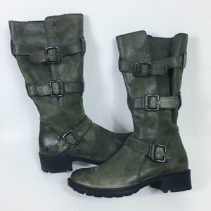 Born Distressed Leather Tall Moto Boots Army Olive - image 1